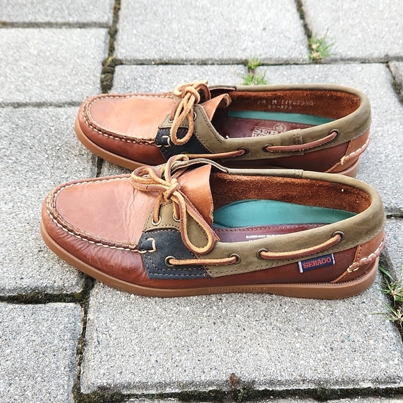 Sebago Docksides Two Tone Brown/Navy/Green Slip-on Leather Boat Shoes - Picture 2 of 11